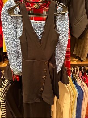 Black Sleeveless Wrap Dress with Button Detail
